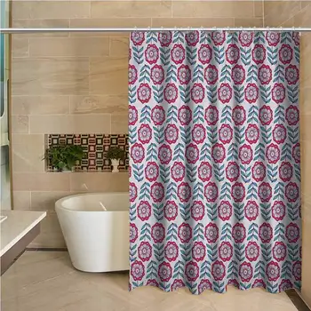 

Floral Waterproof and Colorful Shower Curtain Abstract Blossoms with Stems and Leaves Summer Themed Nature Inspired Art Pattern