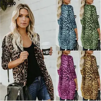 

Women Fashion Leopard Printed Button Down Cardigans Long Sleeve Winter V Neck Coat Long with Pockets Casual