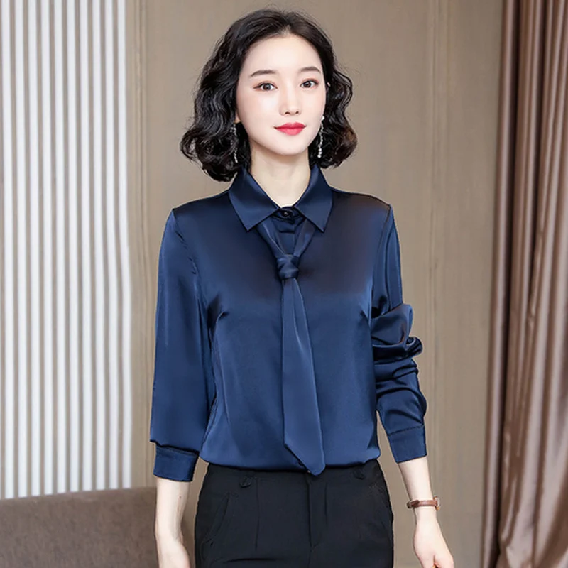  2020 Spring New Women Office Lady Solid Necktie Shirt Fashion Long Sleeve Turn-down Collar Blouse F