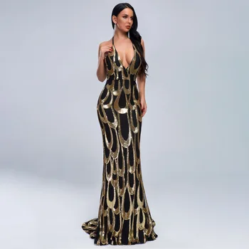 

Halter Deep V-neck Spaghetti Strap Backless Summer dress Sequined Party Sexy Women celebrity body con Long dresses wholesale