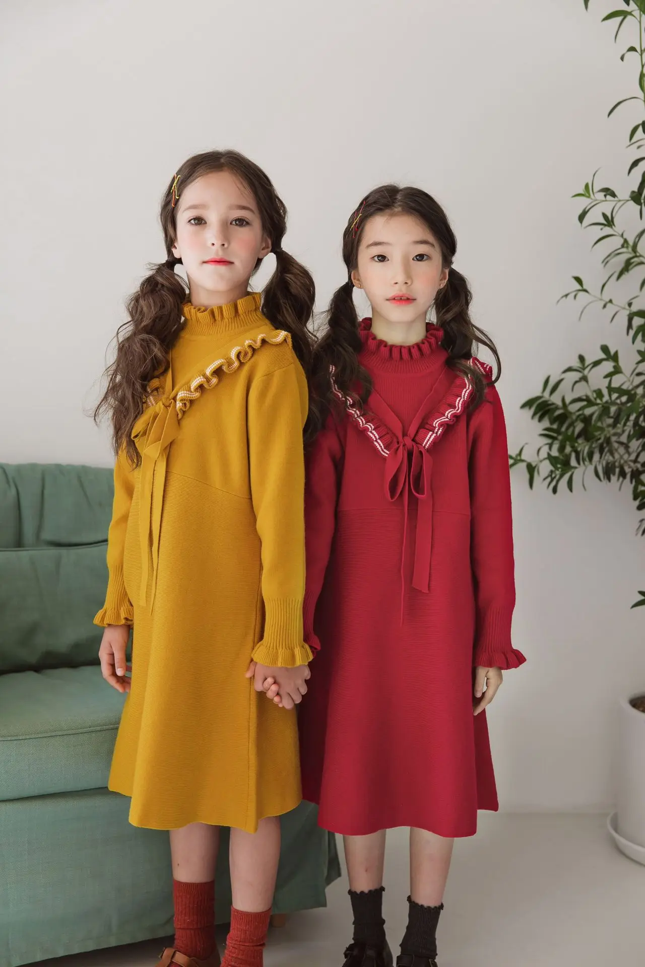 Платье-свитер для девочек; коллекция года; сезон осень; теплые платья с длинными рукавами для девочек; платье принцессы; детская вязаная одежда в Корейском стиле