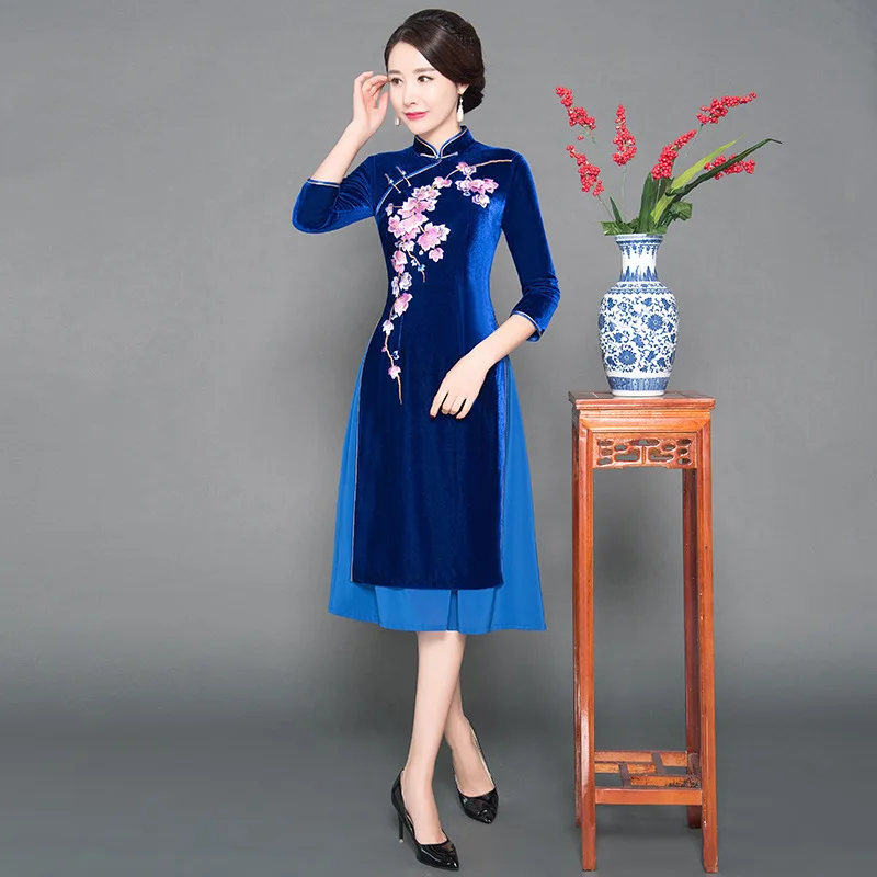 Синий бархат Cheongsam элегантные женские вечерние платье для выпускного вечера сексуальный китайский стиль воротник стойка Qipao зима цветок тонкий Vestidos
