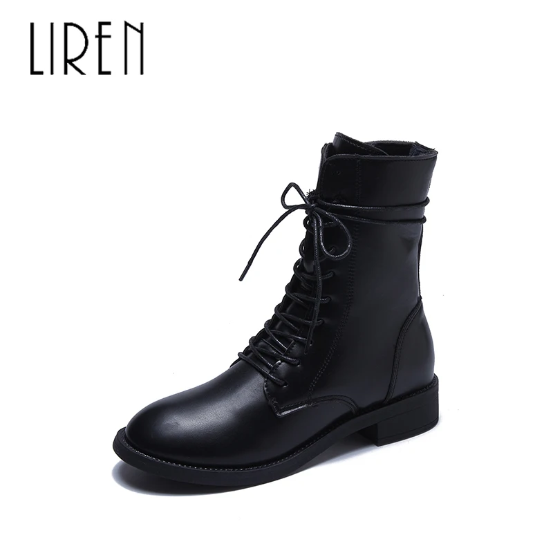 

Liren 2019 Spring/Autumn Women Fashion Casual PU Ankle Lace-up Boots Round Wrapped Toe Low Flat Heels Comfortable Boots
