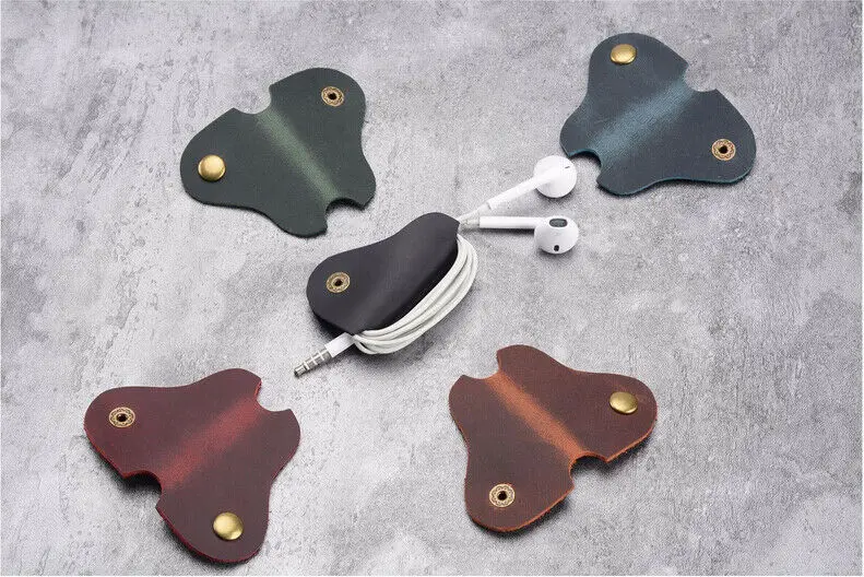 2xCowhide кожа Наушники Кабельные стяжки шнур Органайзер Обёрточная бумага намотки держатель