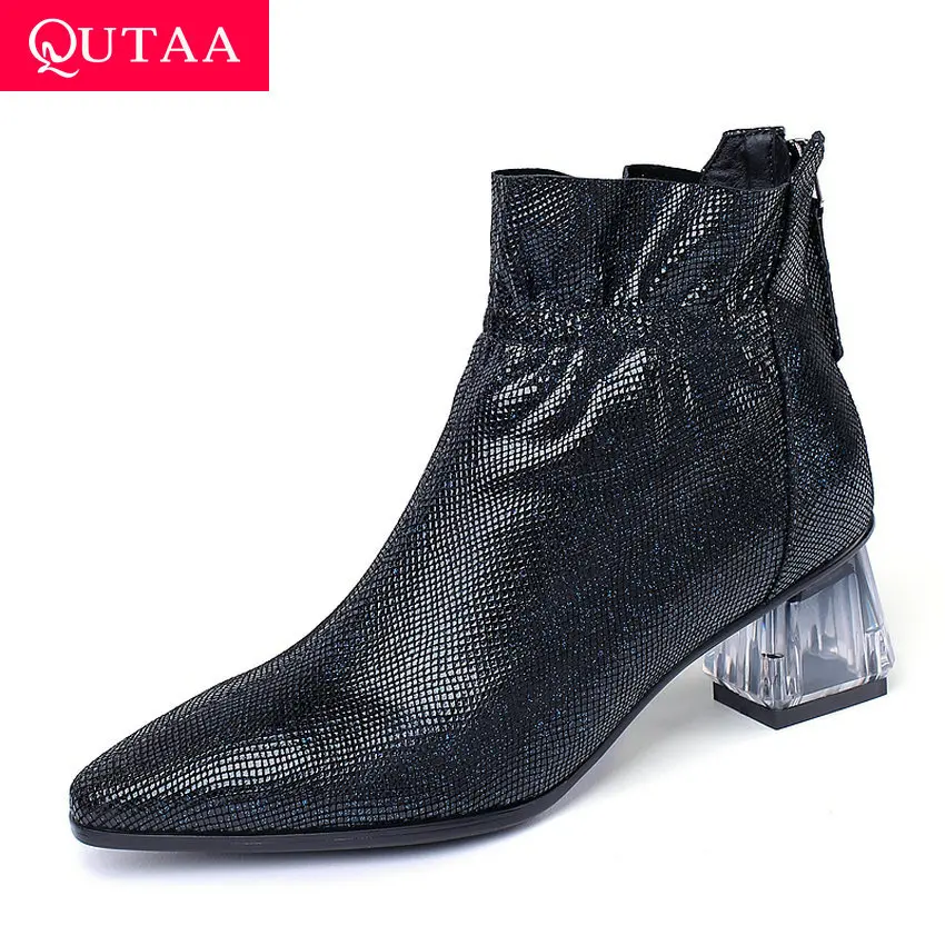 

QUTAA 2020 New Autumn Winter Pointed Toe Zipper Fashion Women Shoes Sheepskin Square Middle Heel Comfort Ankle Boots Size 34-42