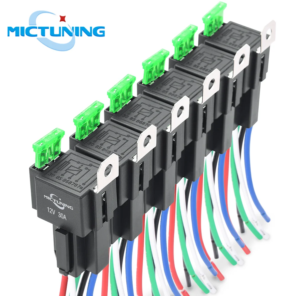 Фото Автомобильные электрические реле с проводами 14AWG, MICTUNING, 6 шт., 5-контактные, SPST, комплект жгутов реле предохранителей, 30 А, плавкий предохранитель ATO/ATC №1