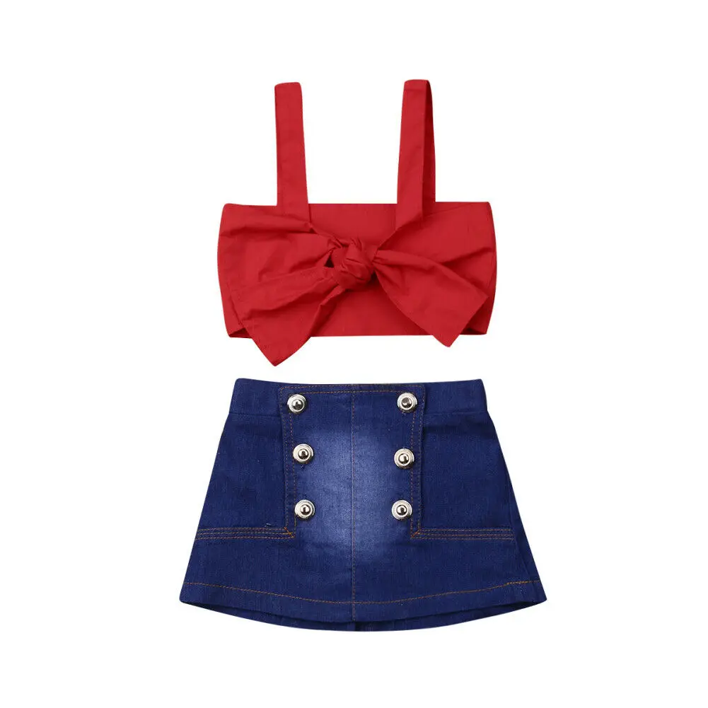 

Sweet 2PCS Toddler Baby Girl Clothes Sleeveless Vest Tops+Denim Skirt Outfit Set Bowknot Weste Tops+Denim Rock