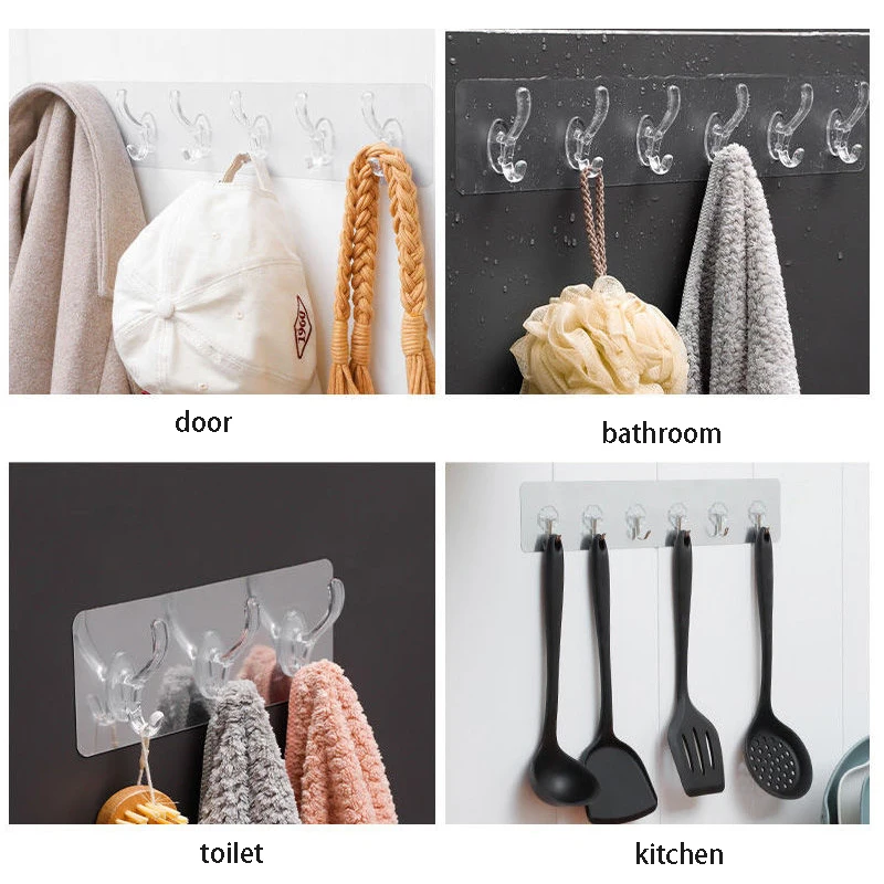 Wall Mount Hooks Multi Purpose Hooks Kitchen Hooks Wall Organizer Hook 3/6 Row Multifunction Transparent Hooks Hat Clothes Coat Hanger Towel Holder Door Hook Kitchen Bathroom Home Storage Tools