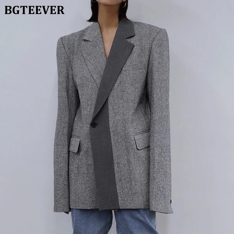 

BGTEEVER Notched Collar Patchwork Women Blazer Fashion Chic Long Sleeve Pockets Single Button Loose Female Suit Jackets 2020