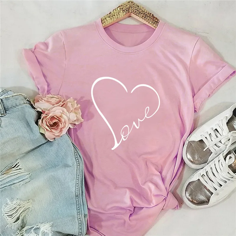 

Plus Size S-5XL New Love Heart Print T Shirt Women Shirts 100%Cotton O Neck Short Sleeve Summer TShirt Tops Funny T Shirts