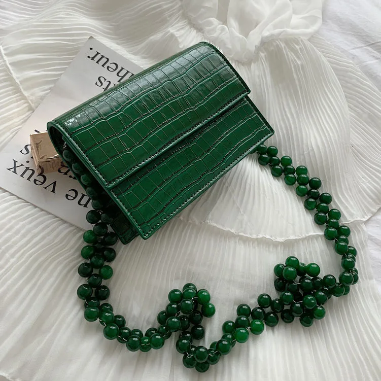 

Emerald Beaded Bracelet Chain Mini Messenger Bag Retro Crocodile Pattern Small Bag 2019 New Style Square Sling Bag Women's Fashi