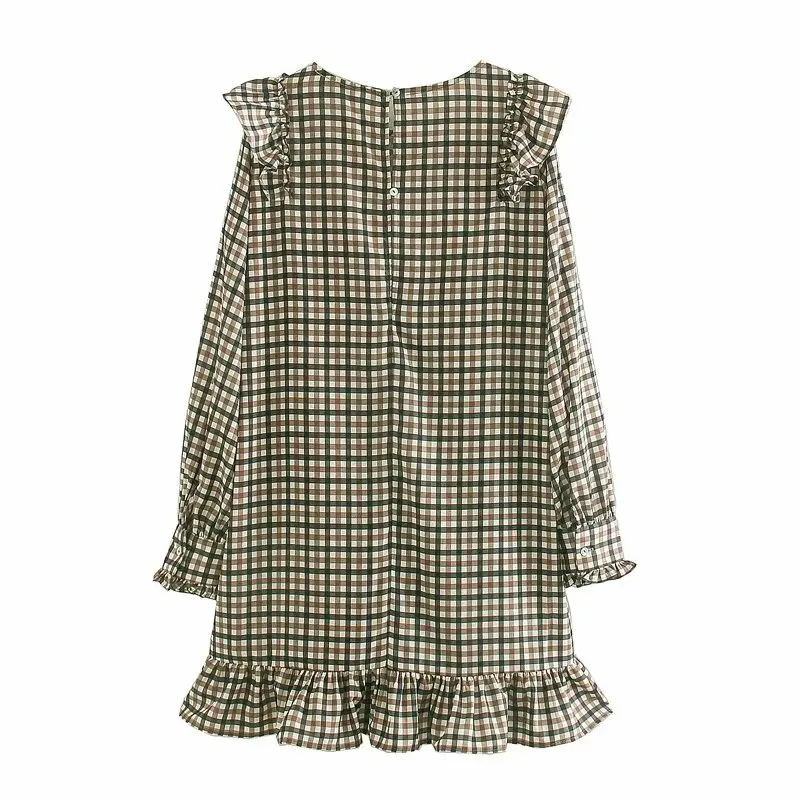 Женское платье с оборками клетчатое мини длинным рукавом и круглым вырезом