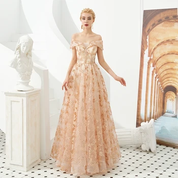 

Vestidos De Fiesta 2020 New Lace Sequins Evening Dress Long A-Line Princess Evening Gown Elegant Off the Shoulder Prom Dress