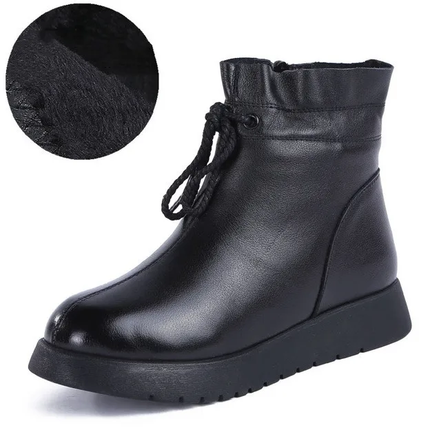 ALISHINREY Handmade Ankle Boots Soft Casual Flat Heels Shoes Woman Warm Wool Platform Ankle Boots Winter Fur Warm Flat Shoes - Цвет: Черный