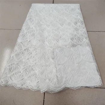 

2020 high quality French Nigerian sequins net lace,African tulle mesh sequence lace fabric for party dress 5yards/lot white