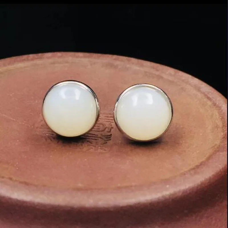 

Lovely 925 Sterling Silver HeTian White Jade Round Shape Lucky Ear Stud Earrings Girl's Charm Gift Fine Jewelry