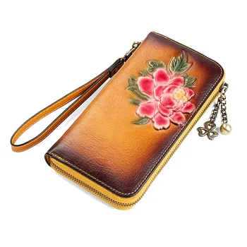 

2020 New Retro Handmade Embossing Genuine Leather Luxury Hand Wallet Ladies Retro Long Wallet Large Capacity Clutch
