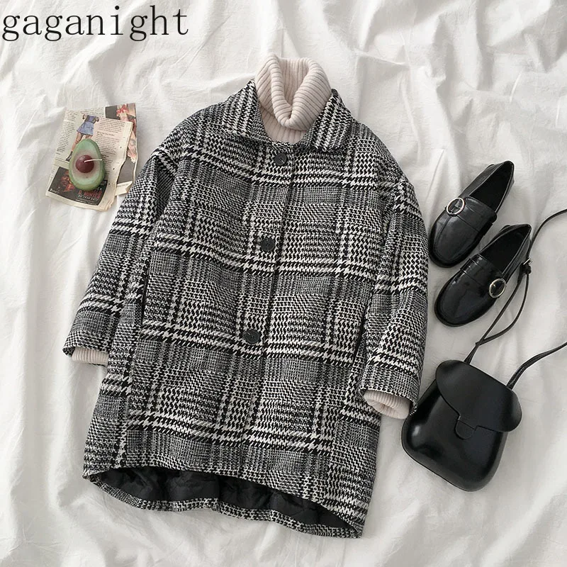 Gaganight Элегантное черно-белое клетчатое Женское пальто верхняя одежда Зимняя мода