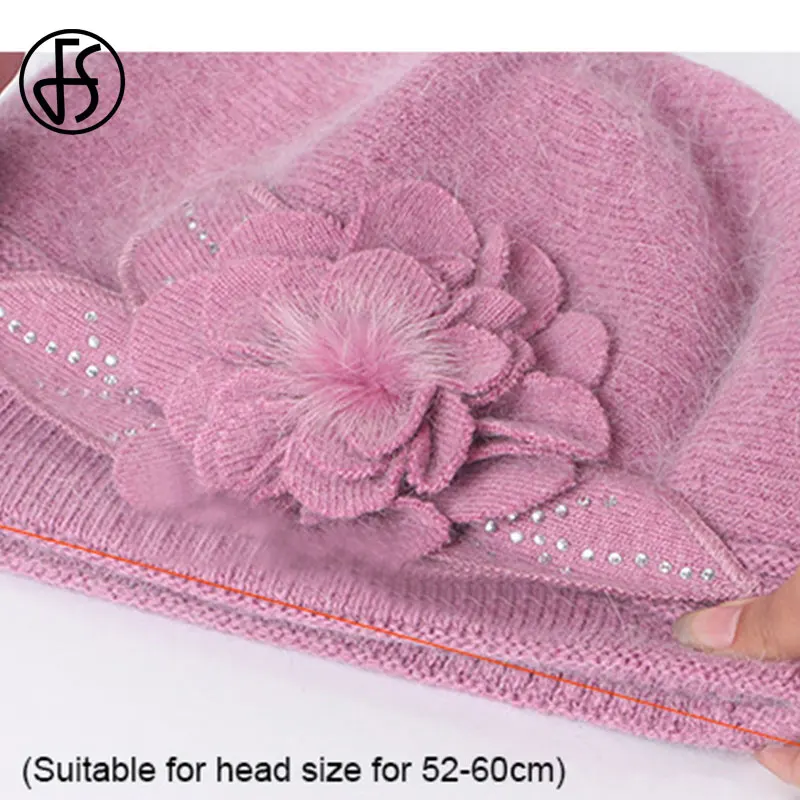 FS Women Rabbit Berets Knitted Wool Hats Winter Flowers Warm Female Cap Girls Beanies Fur Hat Gorros Bonnet Femme Hiver