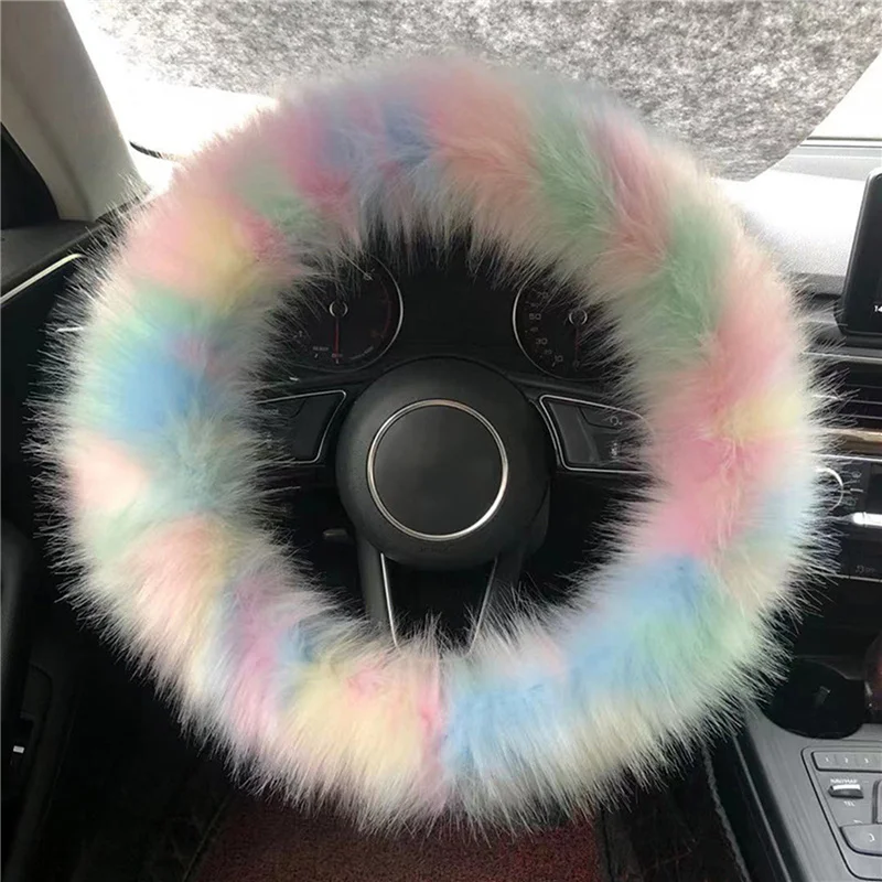 3PCS Fur Steering Wheel Cover Set Real 