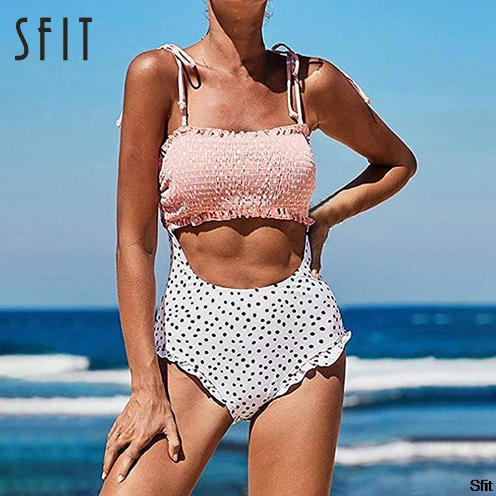 

Sfit Hollow Out One Piece Suits Ruffle Floral Monokini Kontted Spaghetti Strap Bodysuit High Waisted Polka Dot Bathing Bodycon