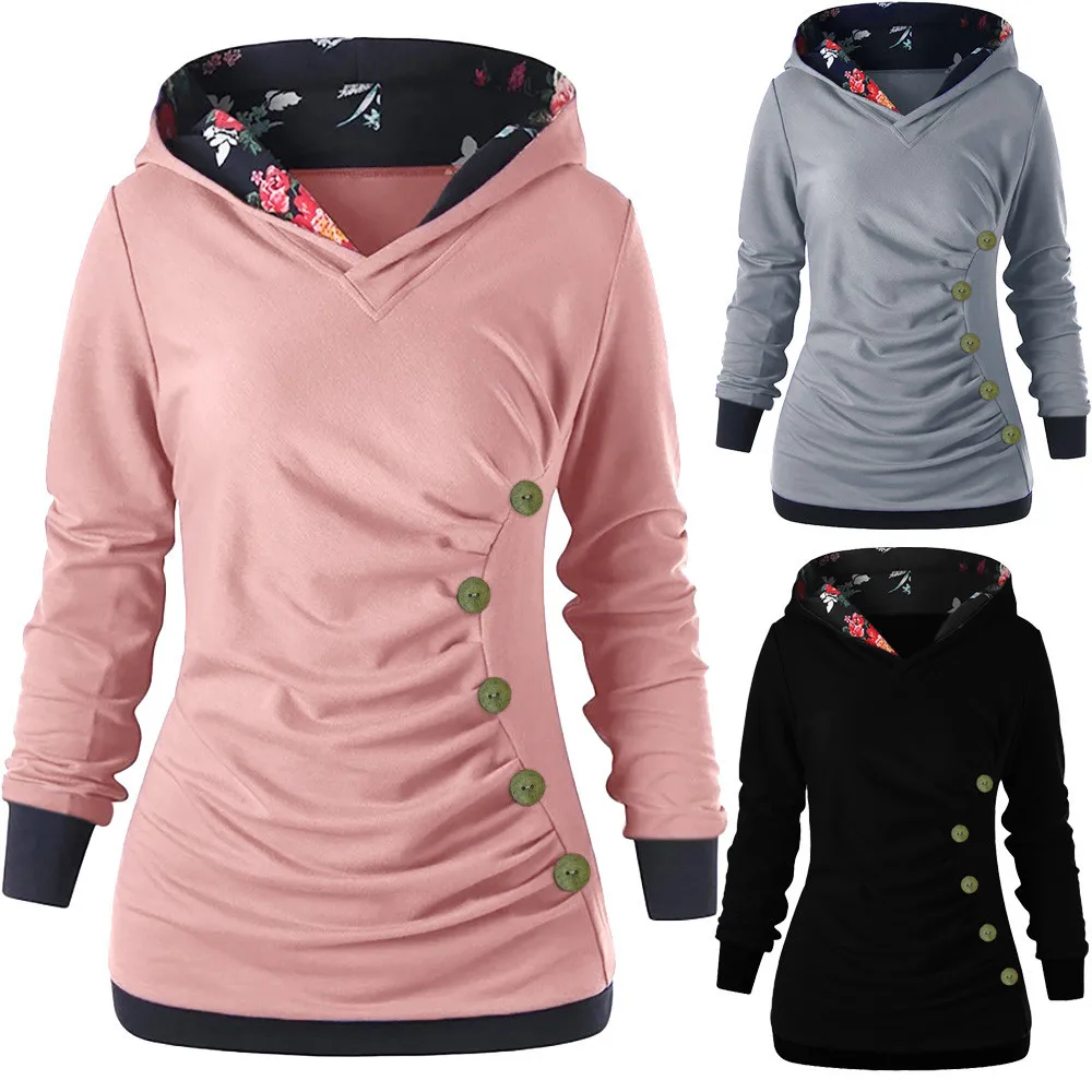 Creative Sweatshirt Fashion Women Plus Size Long Sleeve Cowl Neck Solid Irregular Buttons Winter Tops moletom | Женская одежда