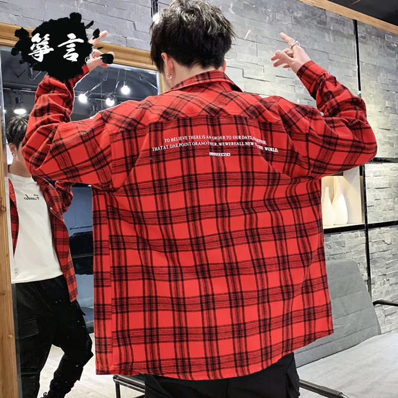 Red VOGUELEO Мужская рубашка с длинными рукавами корейская мода подростка Осень Новые мужские свободные вентиляционные клетчатые рубашки размер до M-3XL - Цвет: Red