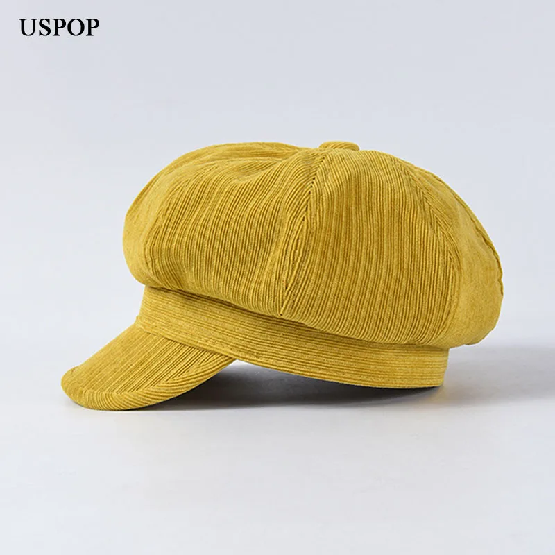 USPOP зимние шапки женские вельветовые шапки утолщенные жаккардовые вельветовые Восьмиугольные шляпы одноцветные винтажные кепки с козырьком