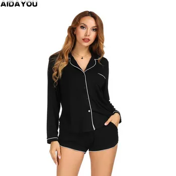 

Women Long Sleeve Pajama 2 Piece Spring Summer Women Sleepwear Sexy Lingerie Pajamas Set Short Bottom Female Homewear ouc683