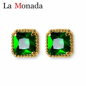 

100% 925 Sterling Silver Green Crystal Square Stud Earrings Fashion Style Geometric Earrings Women