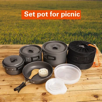 

Portable Camping Cookware Kit Aluminum Cooking Set Hiking Picnic Pots Pans Tableware Outdoor Tool BBQ Kitchen Accessories