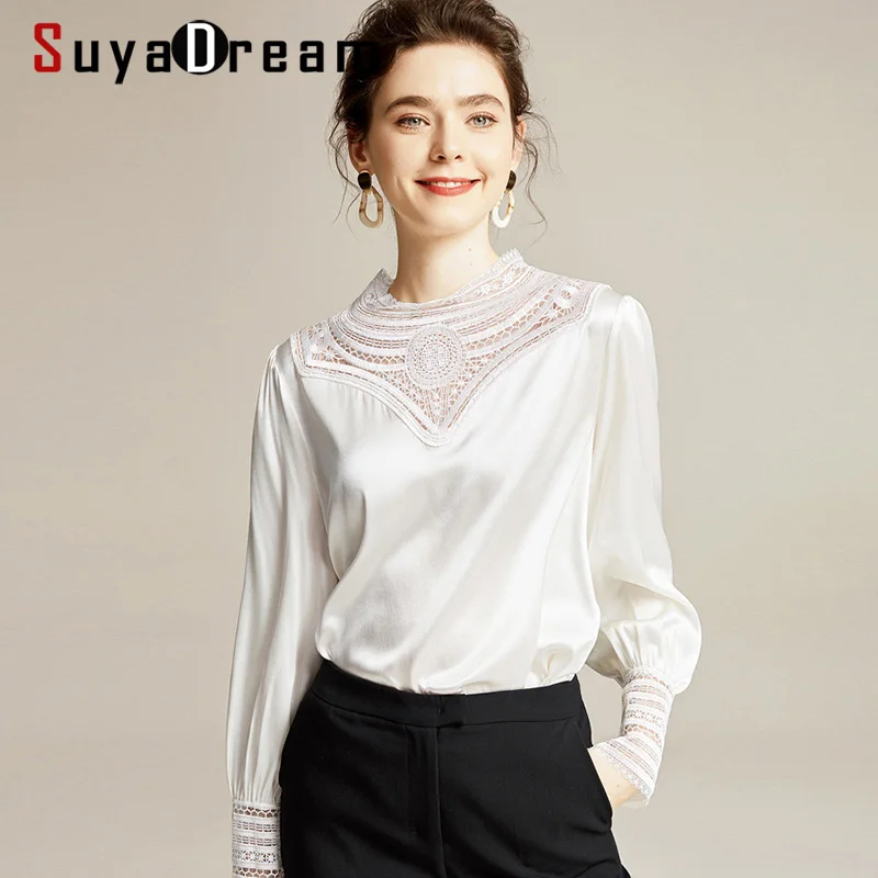 SuyaDream Женская однотонная шелковая сатиновая блузка 97% шелк 3% спандекс с длинными