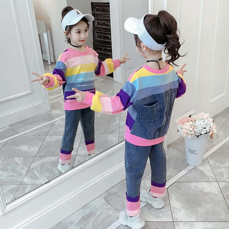 

Puckcovi Children set Fashion Colorful stripe Denim Grils clothing sets for Autumn Sweatshirt and Jeans suit age for 4-13years
