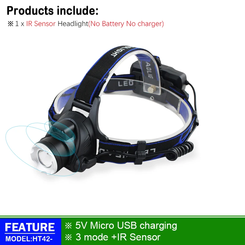 White yellow light IR Sensor led Headlamp xm l2 Head light USB Rechargeable headlight 18650 Lantern Head Flashlight Torch xml t6 - Emitting Color: A