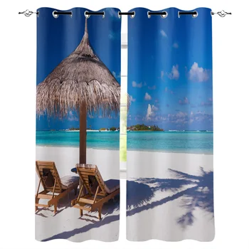

Beach Tourism Seaside Chairs Window Curtains LivingRoom Kitchen Curtains for Bedroom Left and Right Biparting Open Curtains