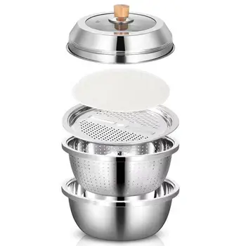 

Colander Fine Mesh Basket Stainless Steel Basin 5-in-1 Grater Set With Lid Vegetable Cutter Drain Basin Kitchen Fruits Wash Basi