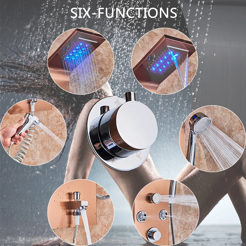 Bathroom Shower Panel Column Brushed Nickel LED Rain waterfall Shower Panel 6 Functions 2 massage Big display With Bidet Taps