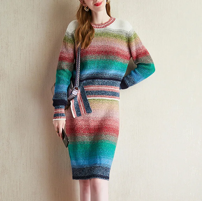 

Elegant Two Pieces Knitted Set 2019 Fall Women Gradient Rainbow Striped Loose Pullover Sweater + High Waist Knitted Skirt Suit