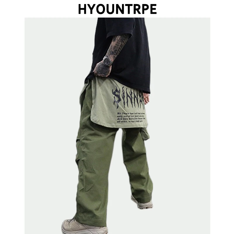 

Waist Patchwork Printed Tshirts Pants Mens Zipper Pants Hip Hop Loose Straight Cargo Trousers Male 2019 New High Street Pants