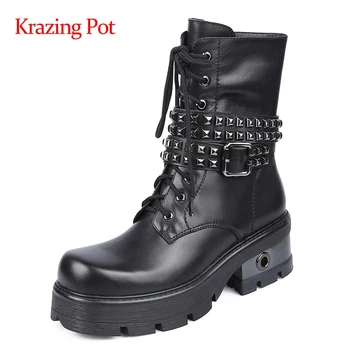 

Krazing pot large size motorcycle boots genuine leather rivet decorations round toe thick high heel zipper punk ankle boots L08