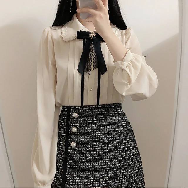 2020 Spring Women's Cute Tops Preppy Style Vintage Japaneses Korea Design Button Elegant Formal Shirts Blouses Pink White 12020 2