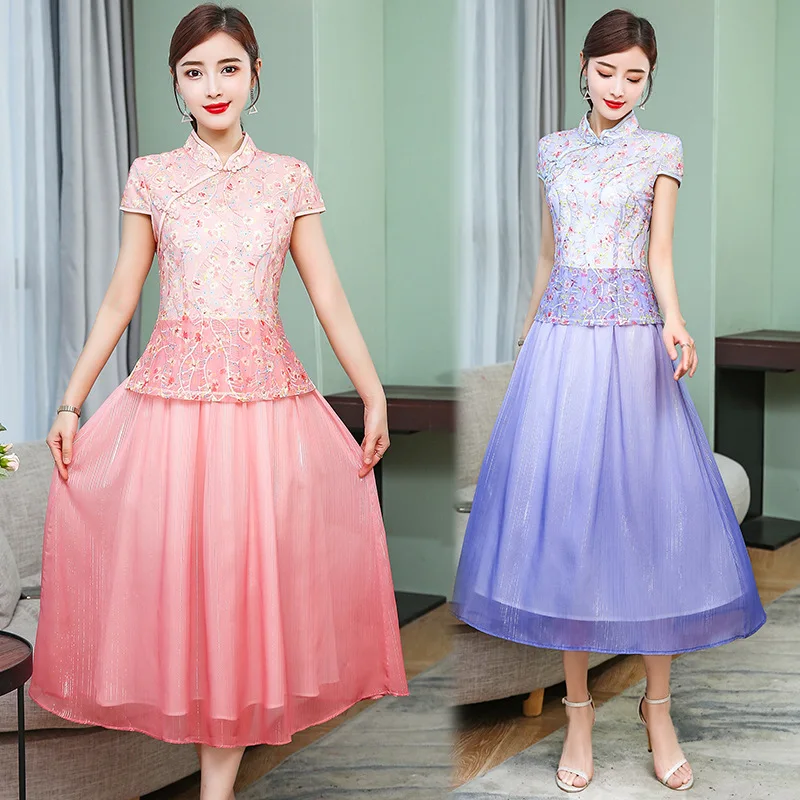 

2019 Summer New Style Retro Gradient Lace Joint Mock Two-Piece Suit Skirt High-waisted Big Hemline Dress Long