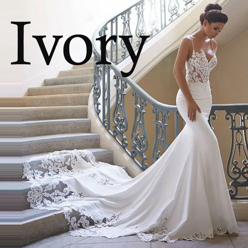 Очаровательное свадебное платье русалки,, на тонких бретельках, Vestido de novia, винтажное кружевное свадебное платье, платье для невесты без спинки, на заказ - Цвет: Ivory-A