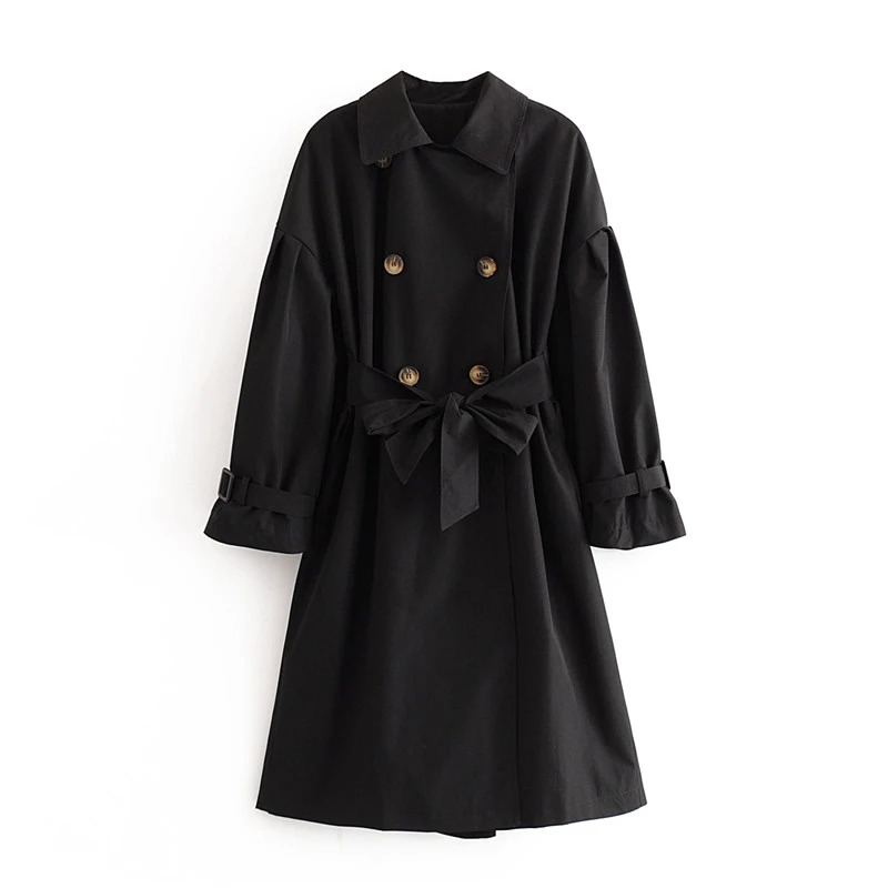 black windbreaker Звездный Светлячок модная женская ветровка осень зима повседневное Свободное пальто с отворотом и поясом с рукавами фонариками двубортное пальто - Цвет: black windbreaker