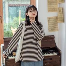Best Price 2020 Autumn Striped Women Long Sleeve T-Shirt Cotton Soft Comfortable Loose Japanese Style Base Shirt Summer Plus Size Clothes