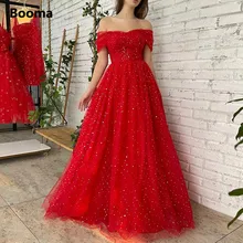

Booma Sparkly Red Starry Tulle Prom Dresses Off the Shoulder Floor-Length A-Line Maxi Formal Party Dresses Long Evening Gowns