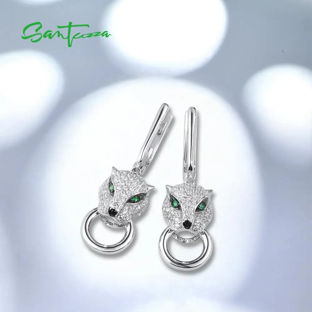 SANTUZZA Silver Earrings For Women Pure 925 Sterling Silver Dangle Panther Earrings Long Cubic Zirconia brincos Fine Jewelry