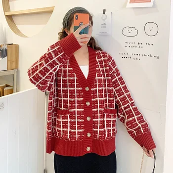 

DMLFZMY Women Fashion New Contrast Color Female Outerwear Spring Sweaters Lady Casual V-neck Plaid Loose Button Retro Cardigan