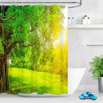 

Fresh Green Tree Shower Curtain Sunshine Throung Meadow Nature Landscape Bathroom Curtain with 12 Hooks,Waterproof Fabric 78x72