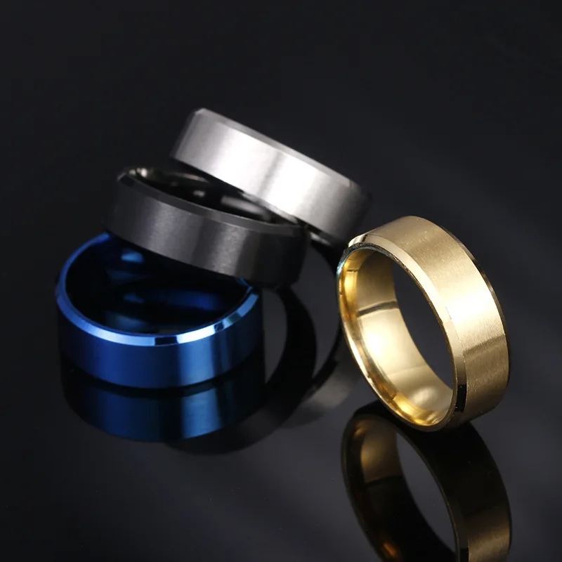 Abalorio Popular de 8mm para hombre, anillo de acero inoxidable mate, joyería Simple, negro, azul y dorado
